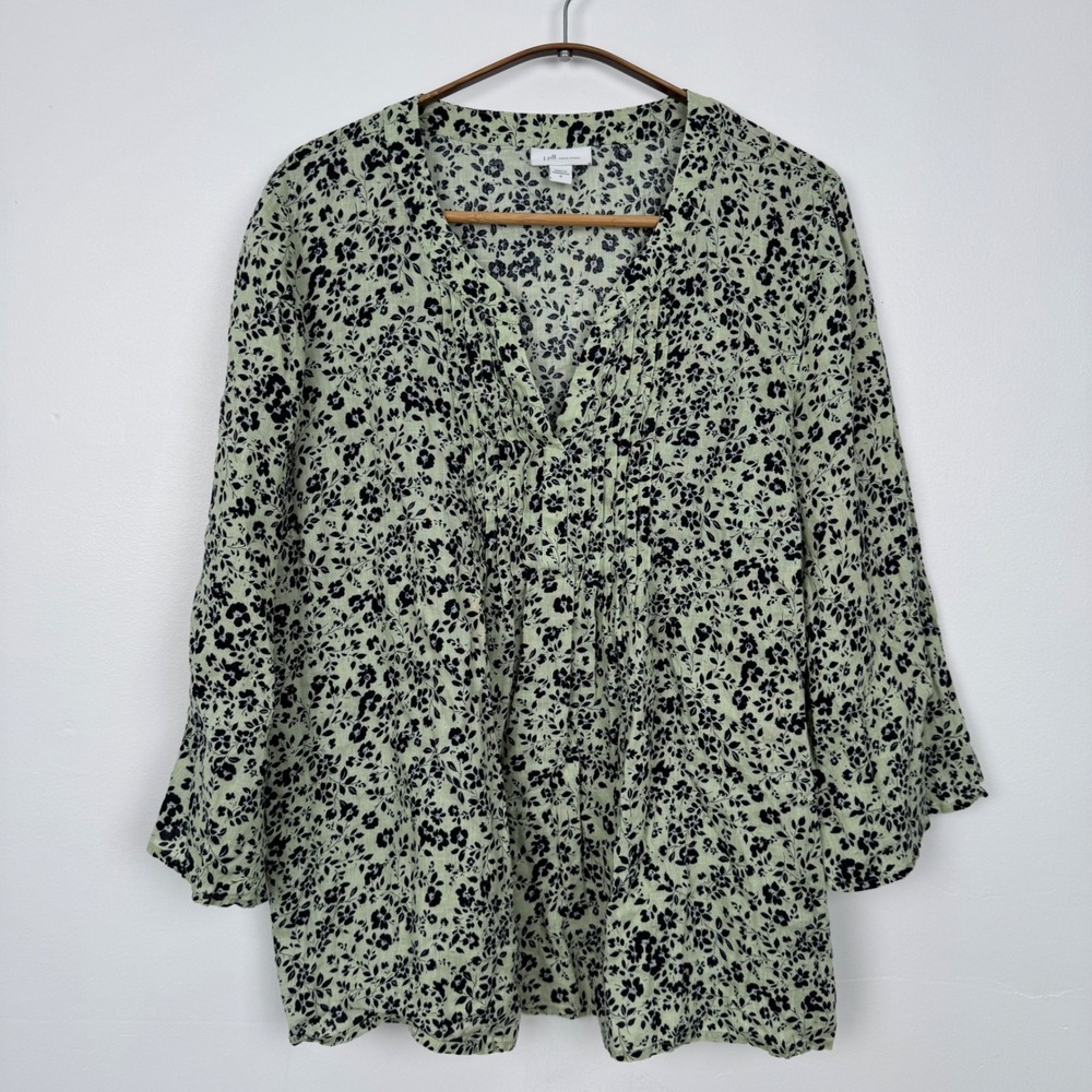 J. Jill Love Linen Sage Green Black Floral Pleated V-Neck Blouse Top Medium